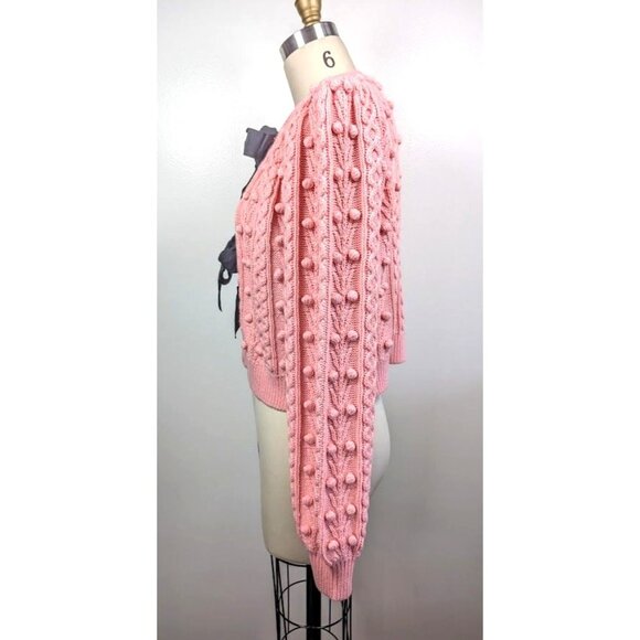 Alice + Olivia Kitty Puff Sleeve Sweater Cardigan Size Medium‎ Cable Knit NEW - Picture 4 of 14